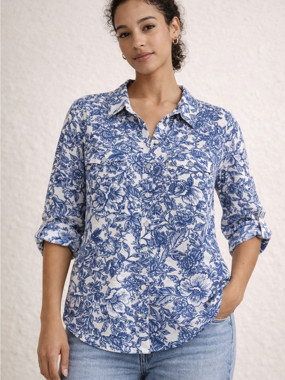 Classic Blue Floral Button-Down Shirt